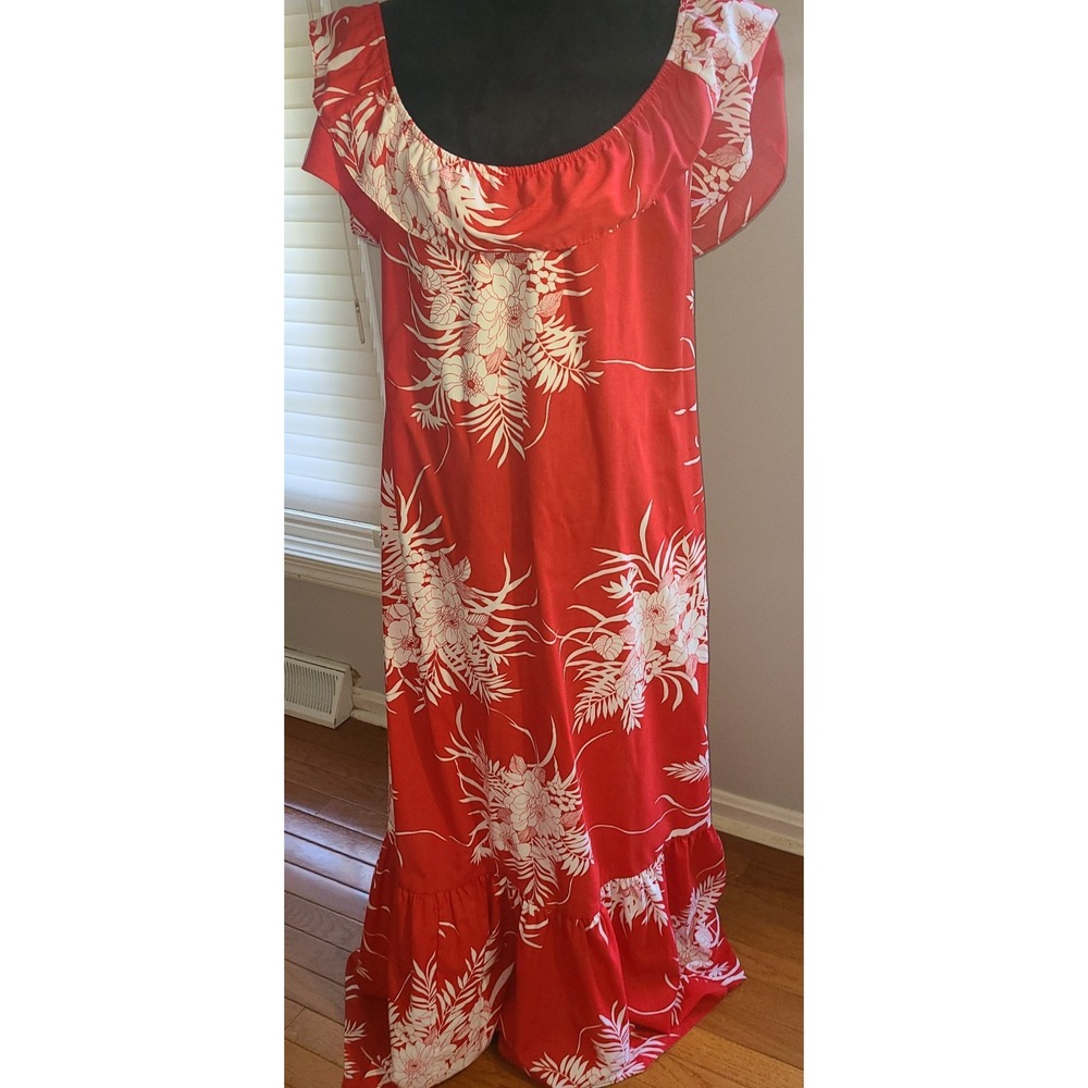 Hilo Hattie Vintage Hawaiian Dress Red Tropical Floral Ruffle Cotton Coquette M